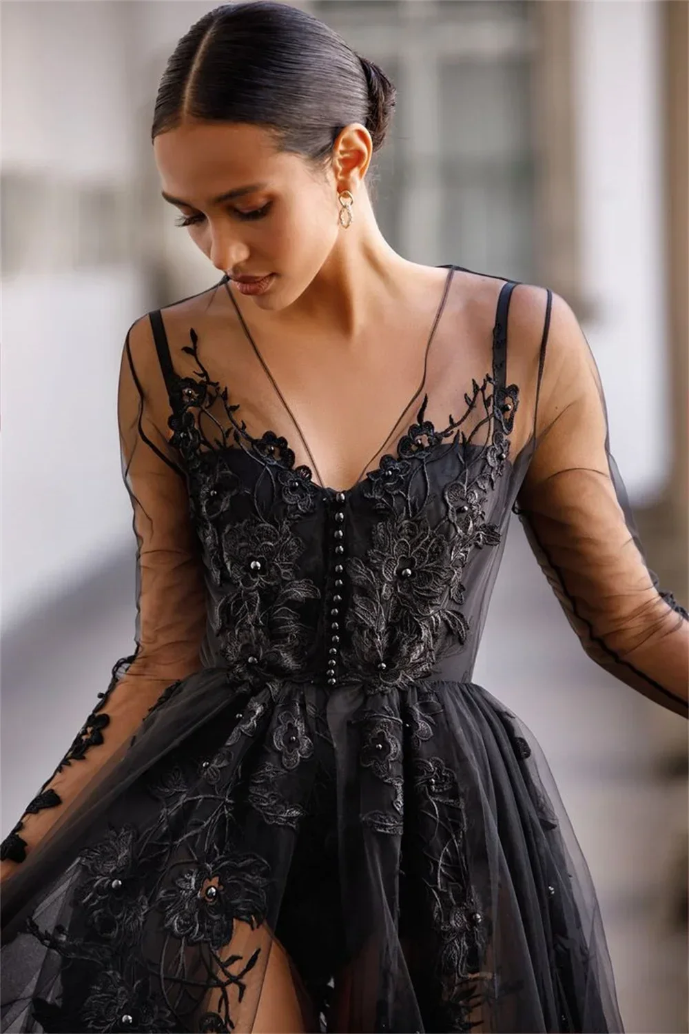 Customized Retro Classic Formal Net Applique Pearl Pleat Sheer Straps Long Dresses Cocktail Dresses Casual Simple High Quality C