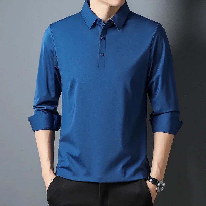 Tcyeek 100% Sơ Mi Lụa Cho Nam Quần Áo Tay Dài Chui Phong Cách Doanh Nhân Áo Thun Nam Áo Camisas Y Blusas zm2917