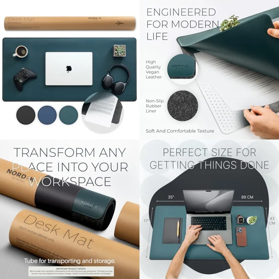 

Nordik Felt and Leather Desk Mat Non-Slip - Green - 35 X 17 Inch - Dual Layer - Felt and Vegan Leather Desk Pad - Document Orga