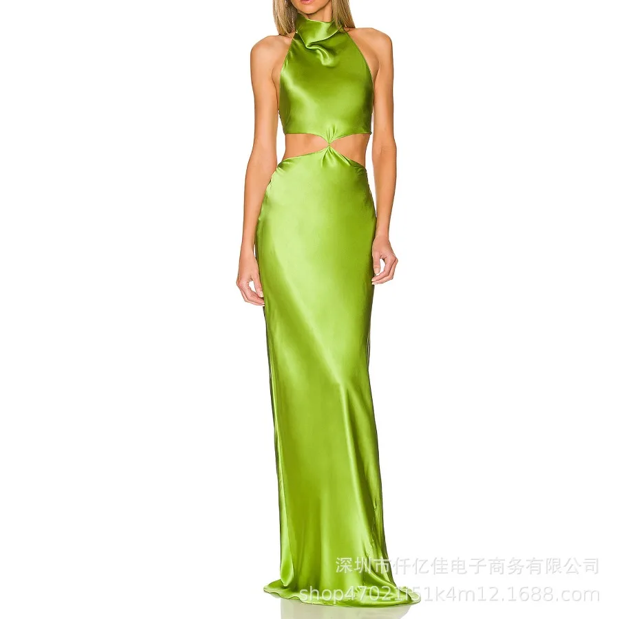 

【New style】Women's clothing new sleeveless hanging neck dress long sexy revealing waist bright face dress skirt women