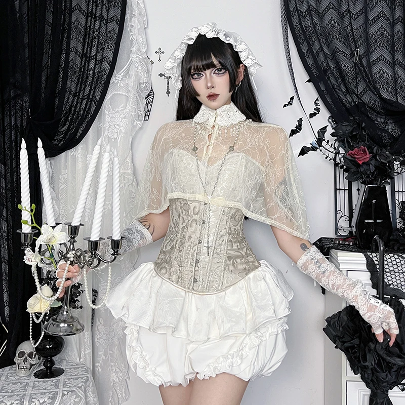 Lilac XN Goth Sexy White Lace See Through Smock Cloak Sweet Aesthetic New Fashion High Collar Women Short Tops Partywear