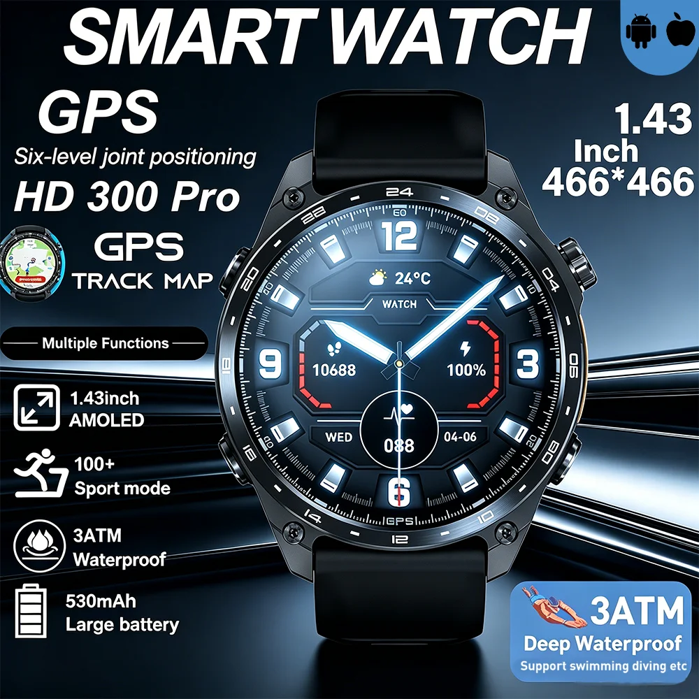 

2026 Men New Smart Watch BT Calling MP3 MP4 Playback Altitude Compass Built-in GPS Navigation 100+ Sports Modes 3ATM Waterproof