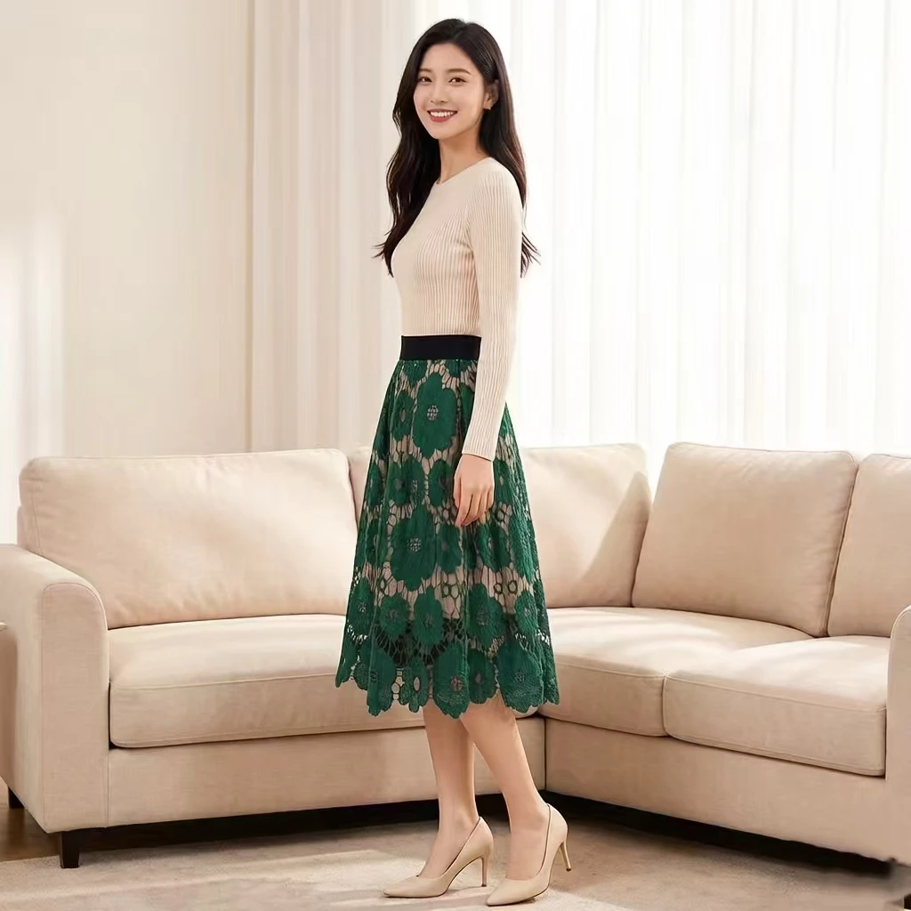 

Элегантная универсальная юбка-миди А-силуэта для женщин с высокой талией, кружевными вставками, модная, трендовая, из полиэстеровой ткани.