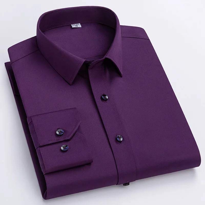 Men's Long Sleeve Fashion Shirt Designer Style Business Elastic Wrinkle Resistant Soft Comfortable Classic Solid Color Purple