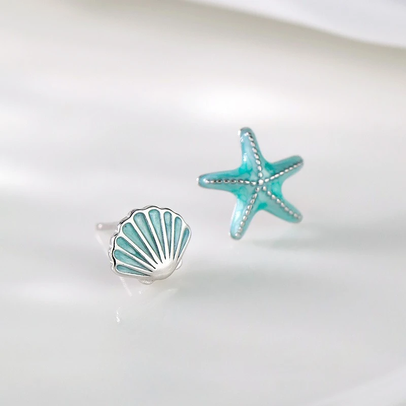 

925 Sterling Silver Cute Sea Star Shell Stud Earrings Fashionable Asymmetrical Design Gift for Girls Elegant Earrings for Women