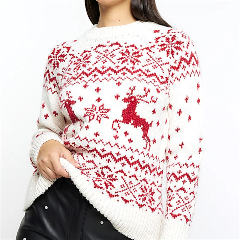 hirigin Women Christmas Sweaters Classic Reindeer Snowflake Print Long Sleeve Round Neck Knitted Jumpers Tops Winter Autumn 2024