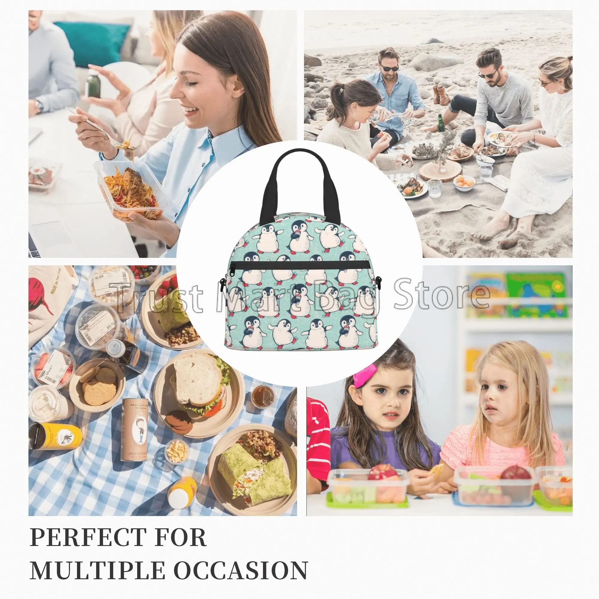 Cute Penguins Reusable Insulated Lunch Bag Cooler Bag Lunch Box Container with Adjustable Shoulder Strap for Picnic School Work