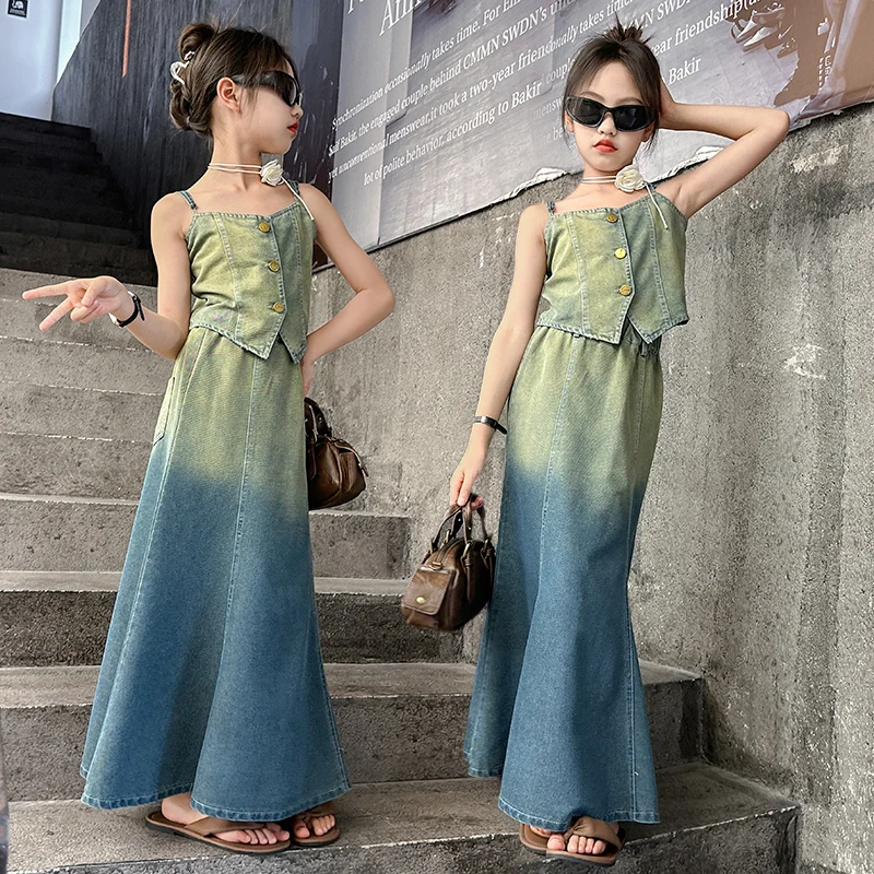 

designer outfit junior girls clothes sets Sleeveless vest tops+Gradient fish tail long skirt 2pcs teen kids suit child outfits