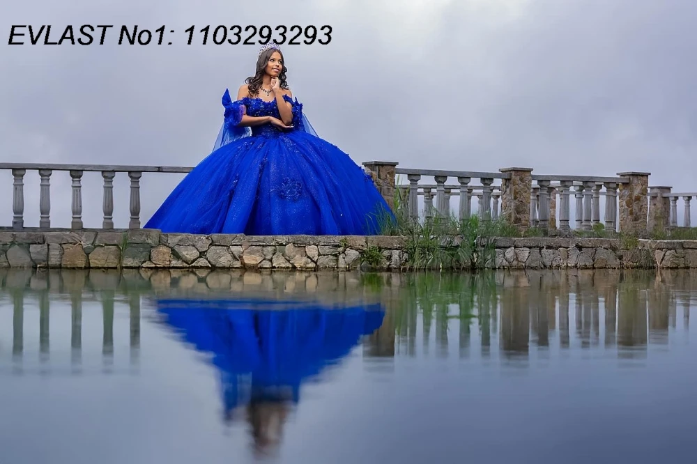 EVLAST Sukienka Quinceanera w kolorze królewskiego błękitu, styl meksykański, suknia balowa, aplikacje z koronki, zdobienia z koralików, wiązana, Sweet 16, Vestidos De 15 Anos E1QN520