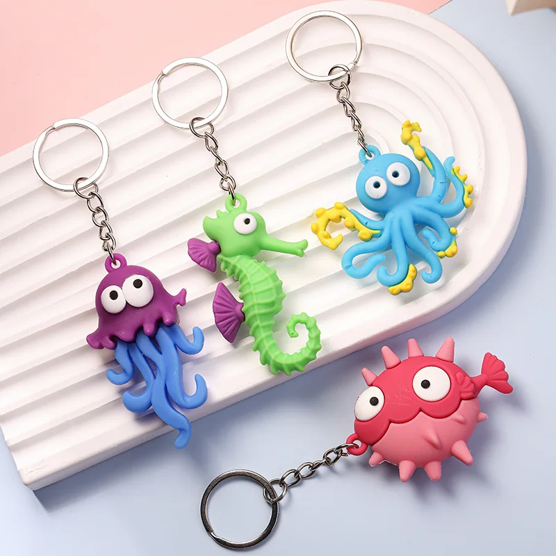 2pcs/bag Soft Marine Series Animal Keychain Simulation Octopus Hippocampus Gift Pendant Marine Animal Keychain Bag Decoration