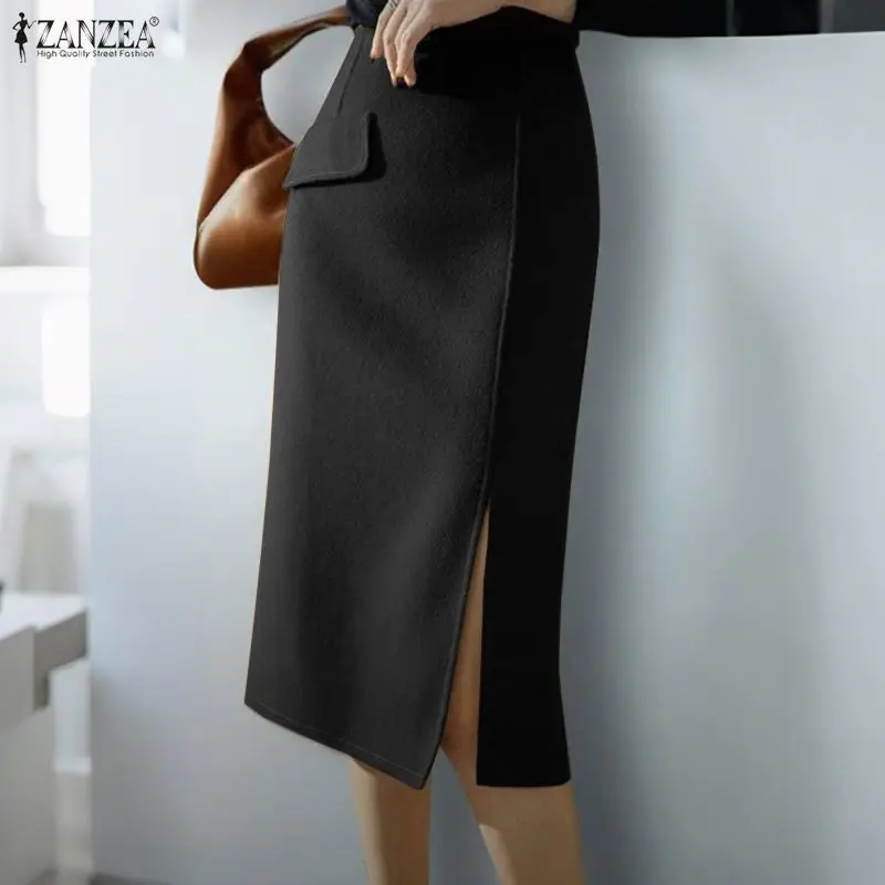 2026 ZANZEA Elegant Pencil Skirt Women High Waist Solid Color Split Midi Skirt Fashion Casual Party Jupes Faldas Saia Streetwear