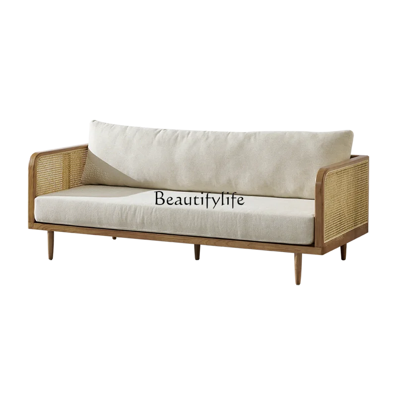 

*Nordic rattan sofa three-person combination living room small apartment natural log furniture