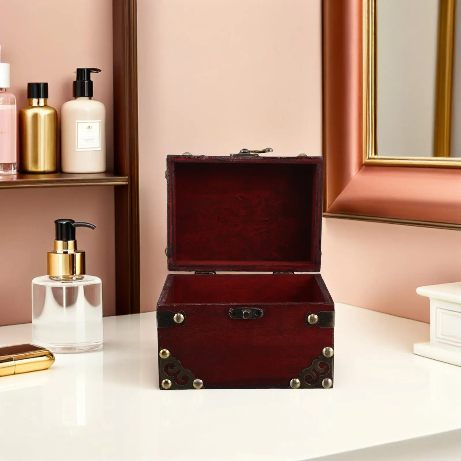 Wooden Jewelry Box Decorative Organizer Jewelry Box Vintage Style Red 8X4 33X4 Lockable Retro Treasure Chest Keepsake
