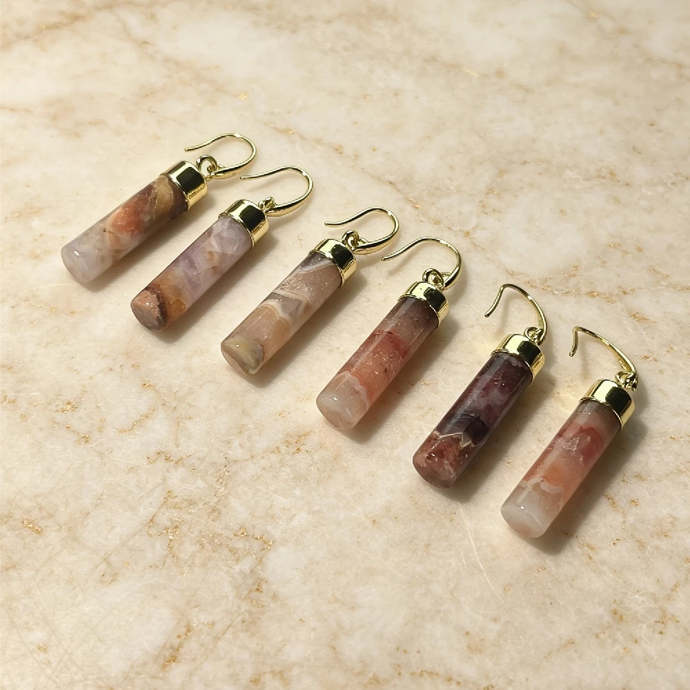 Cylindrical Banded Agate Hook Charms Golden Plated Cap Natural Semi Precious Stone for DIY Earring Making E2R1048