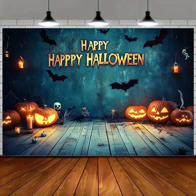 1 لافتة خلفية للهالوين - اليقطين والخفافيش والجمجمة ونص "هالوين السعيد" سهل التركيب #3