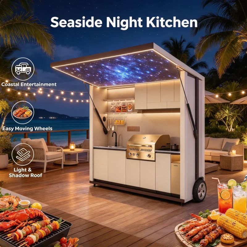 Outdoor Mobile Kitchen, Wheeled Modular Outdoor Cooking Station With Gas Grill & Water Sink For Villa