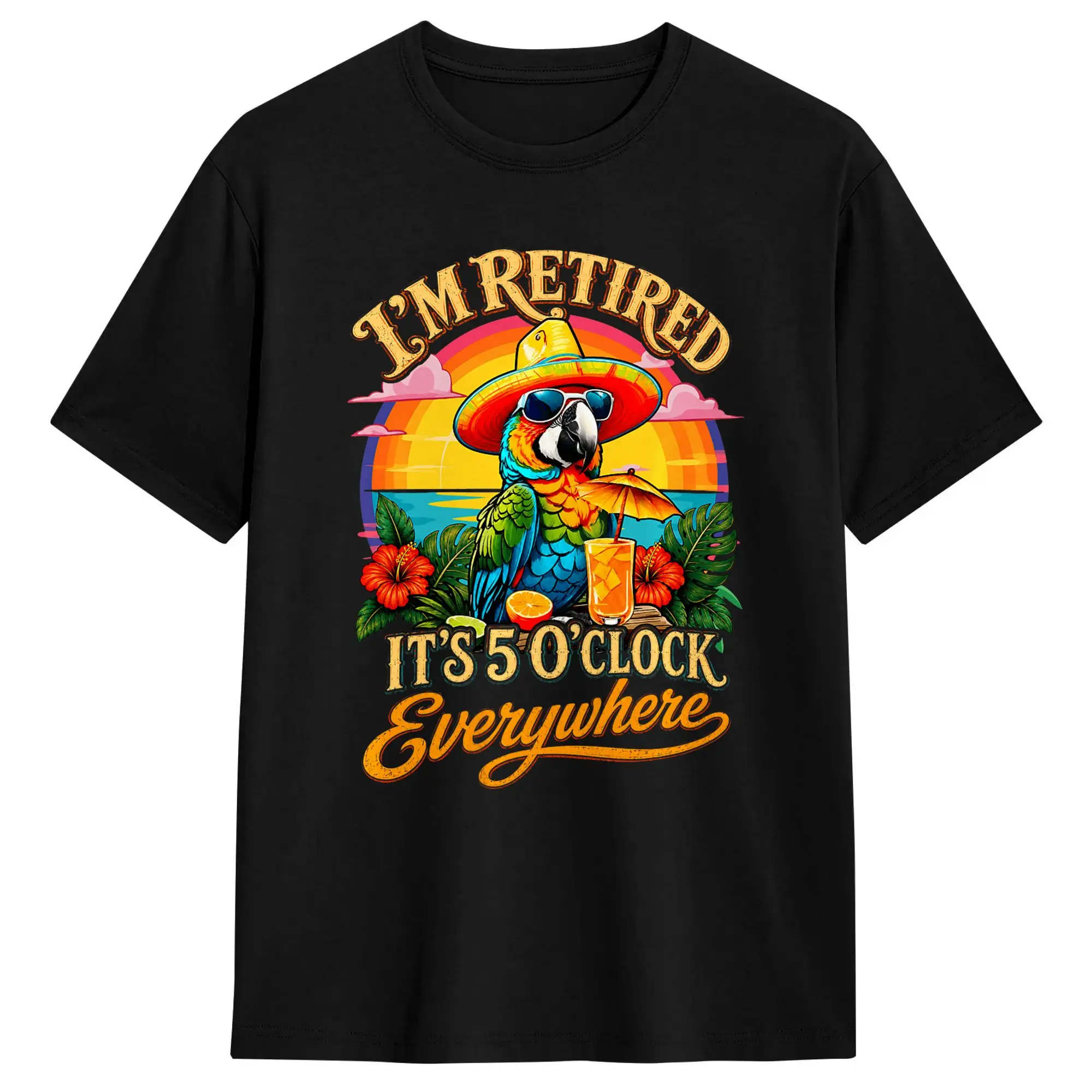 Oversized T Shirt Summer Retired Parrot It‘s 5 O’clock Everywhere Funny Retirement Hipster T-Shirts  Cotton Tee Shirt