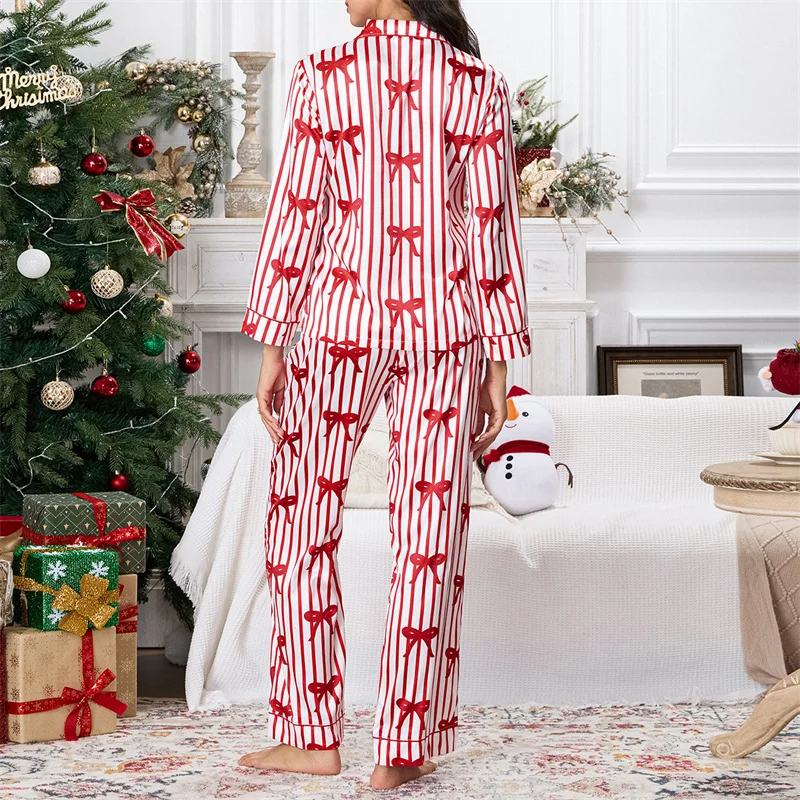 Dourbesty Women 2 Pieces Christmas Pajama Sets Long Sleeve Striped Print Button Up Shirts Tops Pants Set Sleep Night Loungewear