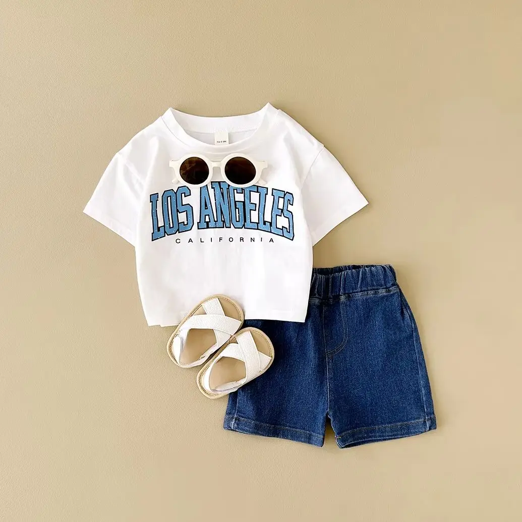 Summer Newborn Baby Clothes 2PCS Boys Clothes Girls Outfit Set Toddler Letter Printed Short Sleeved T-Shirt+Denim Shorts