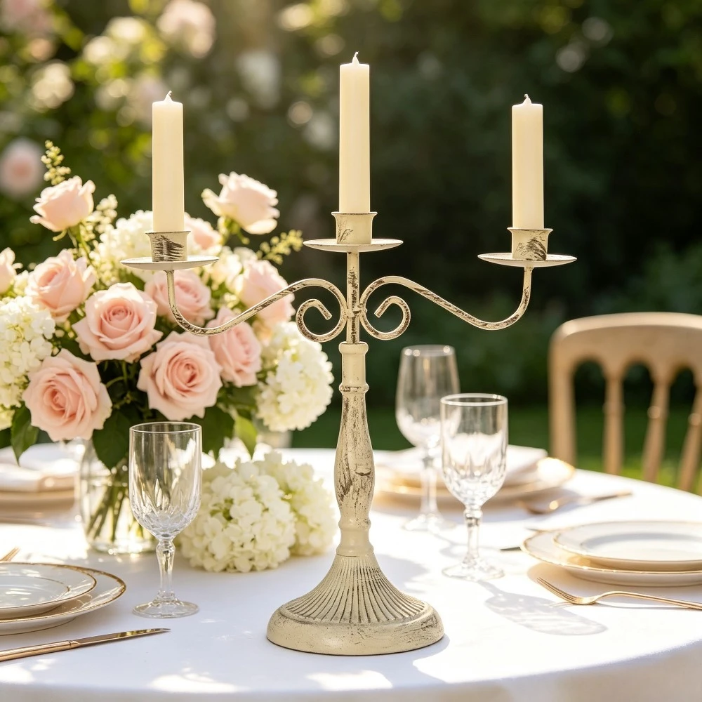 Vintage Metal Candelabra 1/3/5 Arms Taper Candle Holder Distressed Cream Gold Table Centerpiece for Wedding Home Decor