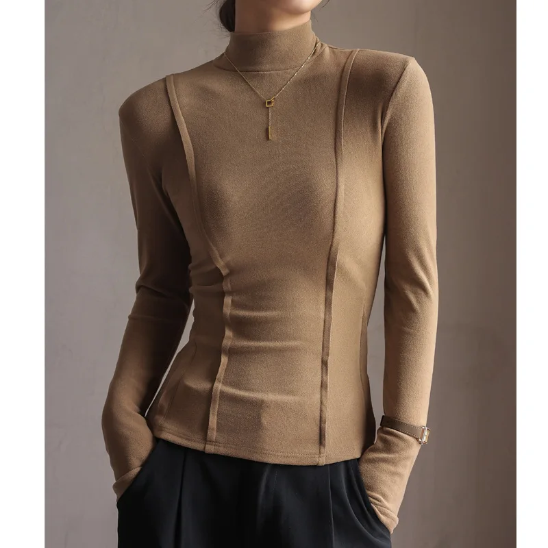 

[Cashmere Silk Protein Bottoming Top] Half Turtle Collar German Velvet Autumn and Winter Women's Slim Long Sleeves