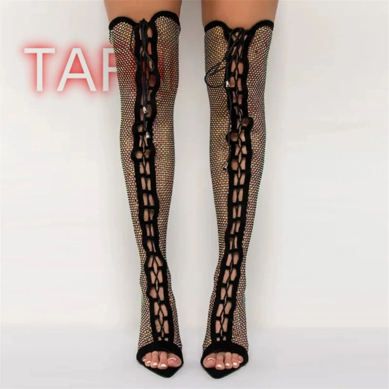 Black Rhinestone Fishnet Thigh High Boots Women's Open Toe Lace Up Stiletto Heels Black Mesh Over The Knee Party Booties 35-44