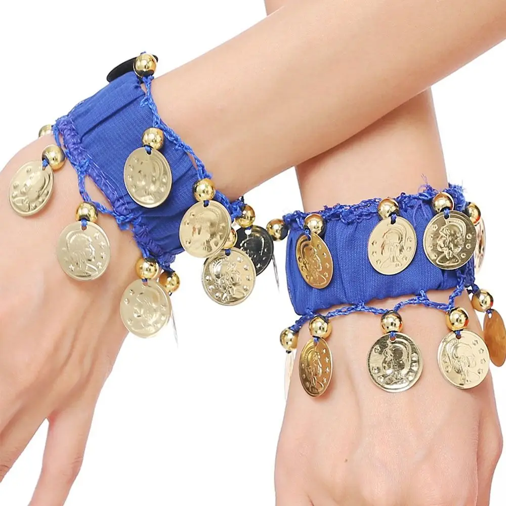 Muñequera de gasa para danza del vientre, brazalete con sonajero de moneda dorada, accesorio para disfraz, 1 par