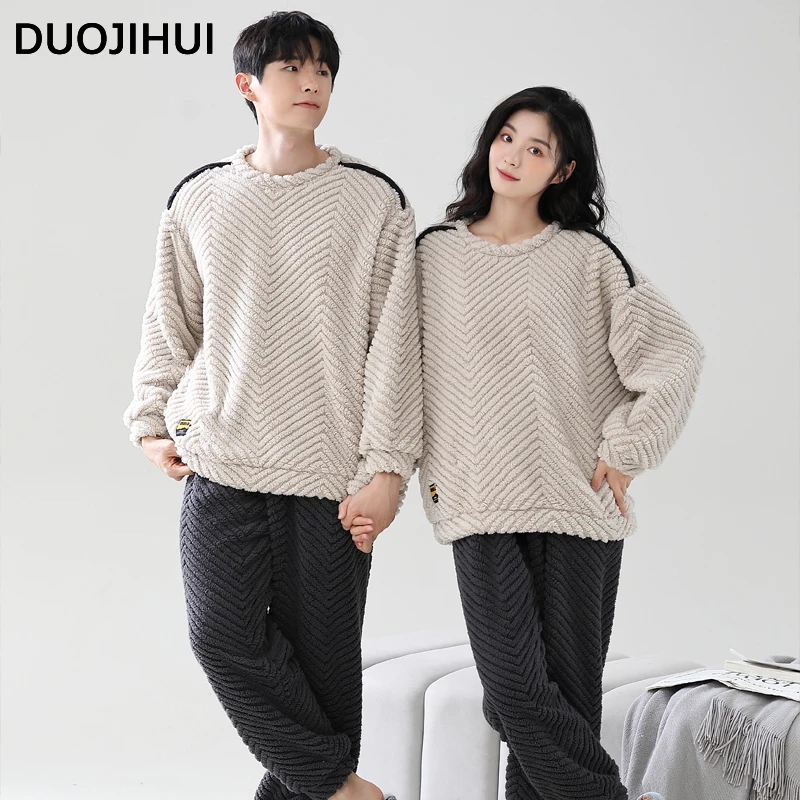 DUOJIHUI Winter Couple Clothes Simple Pajamas for Women New O-neck Pullovers Basic Loose Pants Fashion Casual Female Pajamas Set