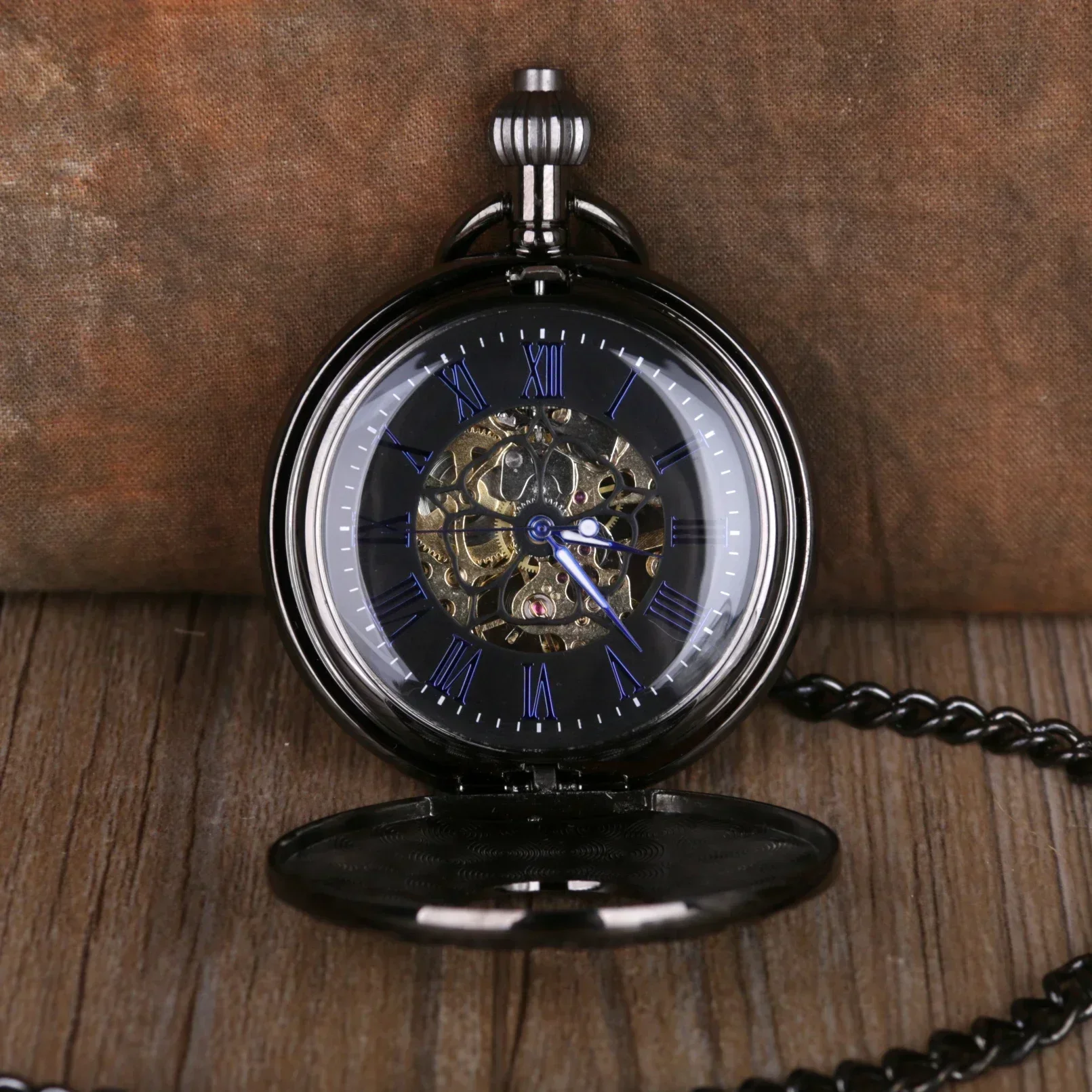 Zwarte Romeinse Cijfers Mechanisch Zakhorloge Mannen Vrouwen Zwart Holle Kast Steampunk Vintage Hanger Ketting Geschenken Voor Mannen Vrouwen