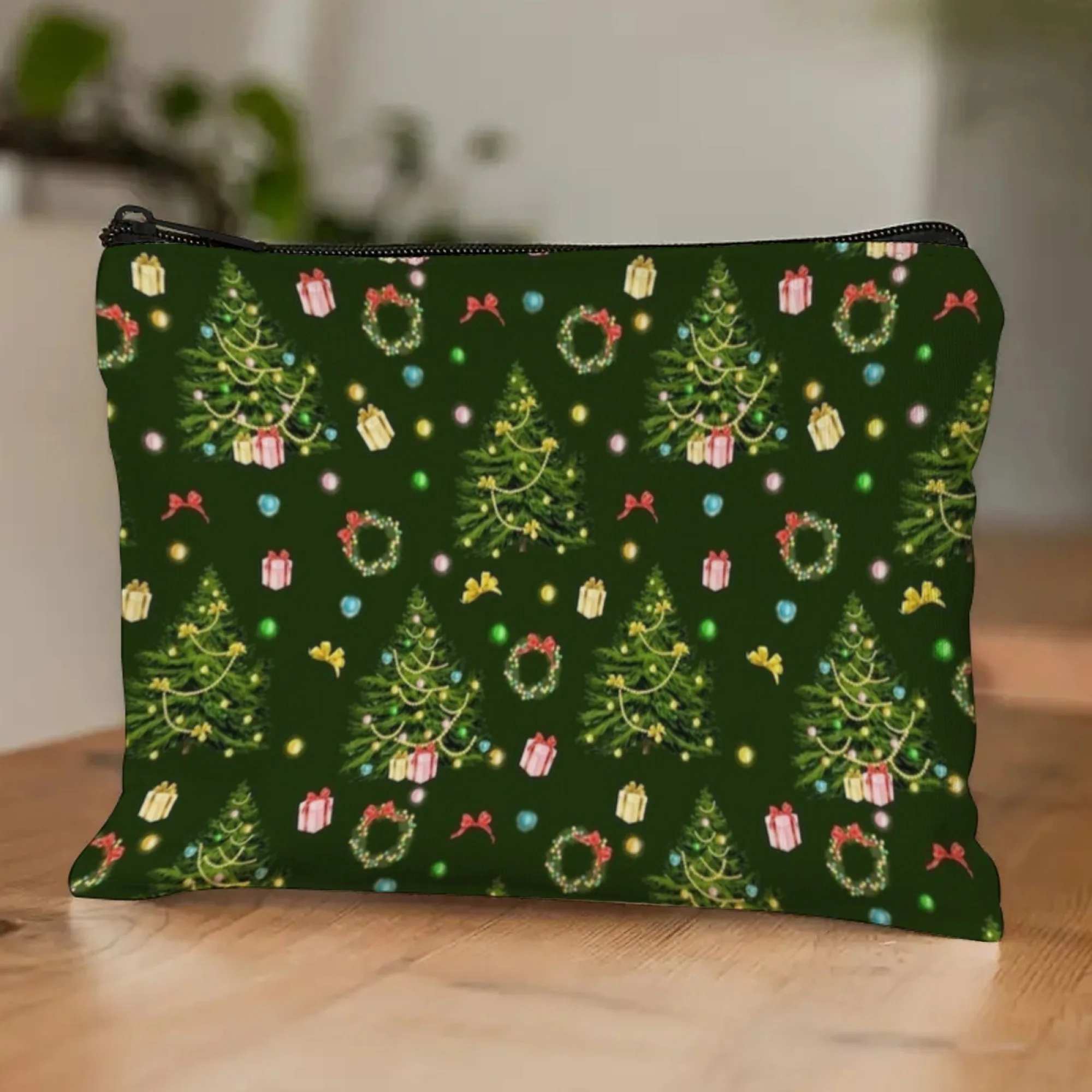 Christmas Joy Cosmetic Bag Celebration Festive Tree & Gift Motif Red & Gold Accents for Holiday Parties & Gift Exchanges Pouch