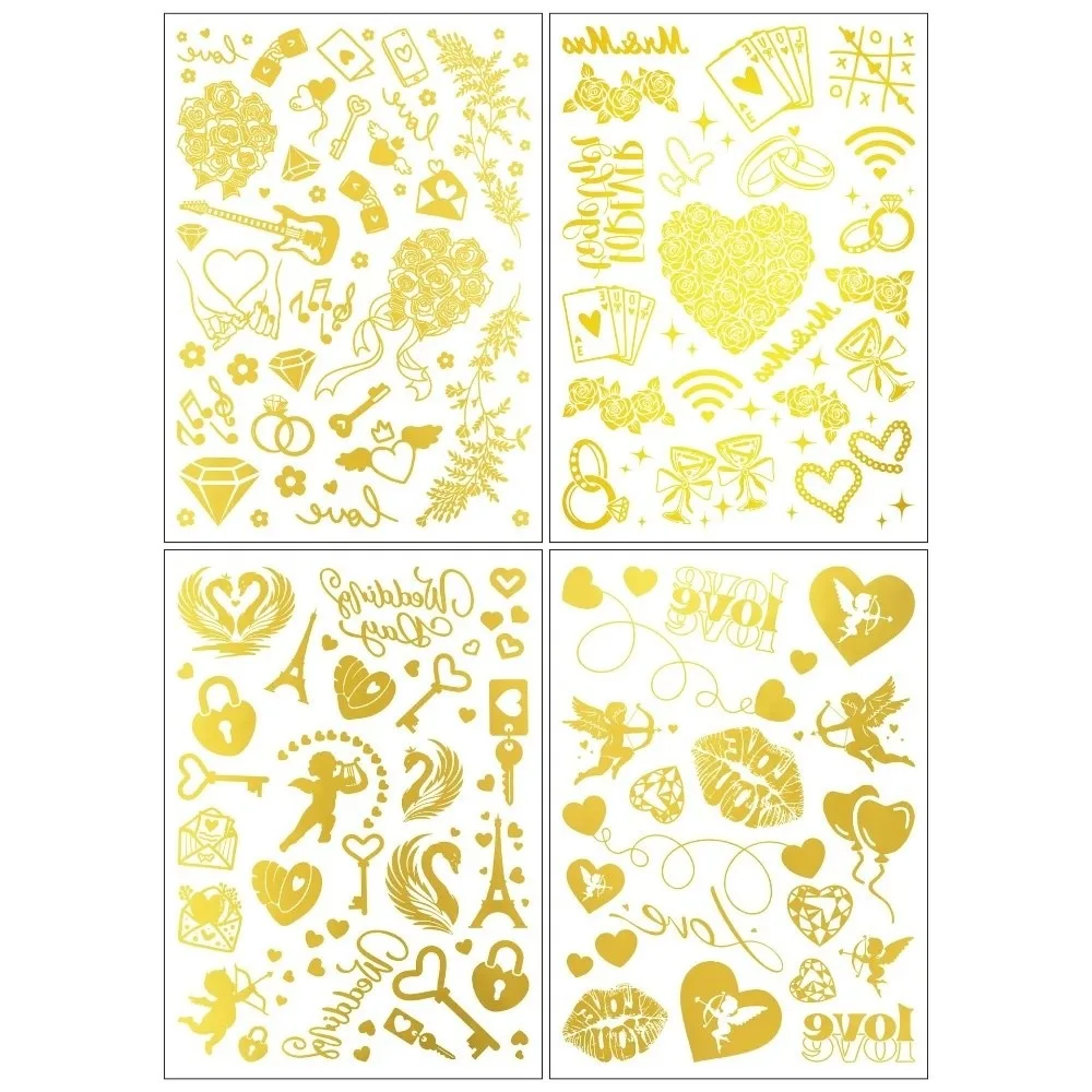 4pcs Flower Temporary Tattoos Rhinestone Water Resistant Heart Tattoo Sticker Waterproof Sweat-proof Body Art Sticker Wedding