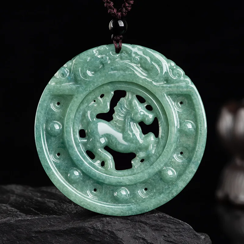 Genuine Natural A-grade Jadeite Hollowed-out Antique Horse-shaped Success in One's Career Bean-shaped Pendant Jade Ornament