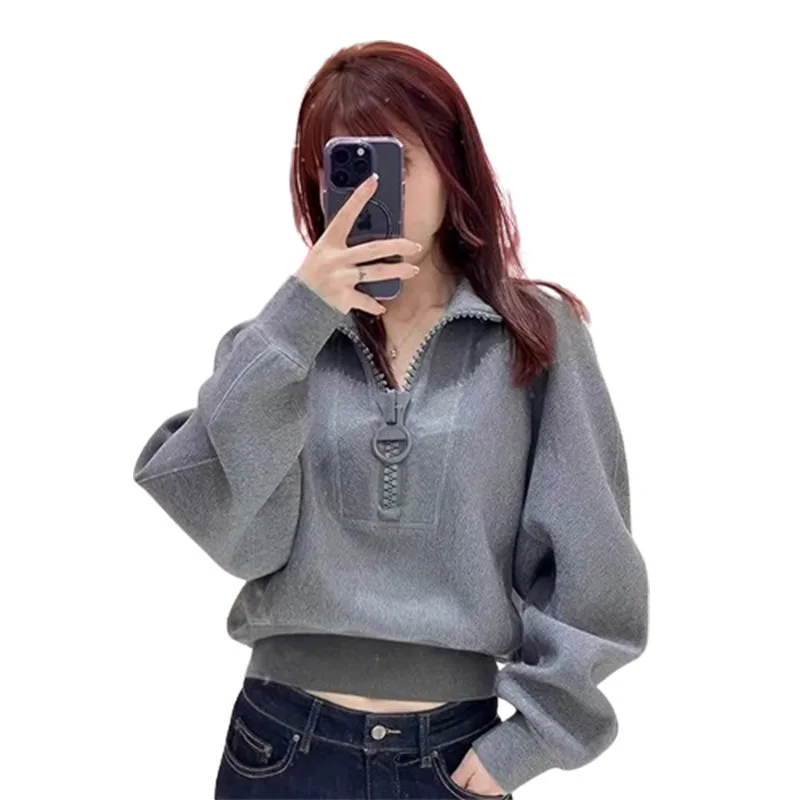 Women\'s Spring Autumn Fashionable Elegant Polo Collar Pullover Long Sleeve Solid Color Sweater Casual Versatile Commuter Tops