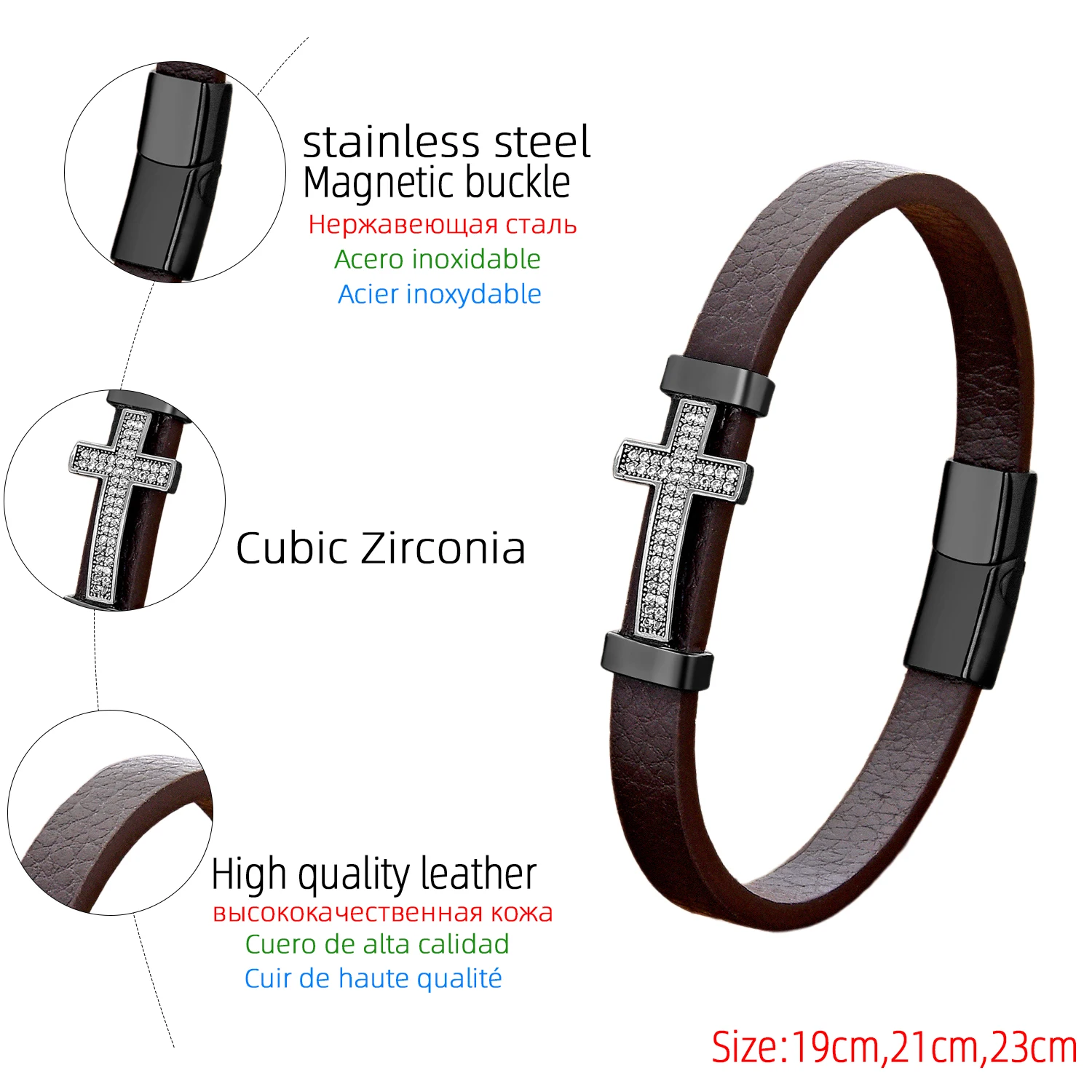 Stainless Steel Bracelets Classic CZ Cross Handmade style Lucky Brown Leather Rope Fashion Charm Bracelet For Men Women Jewelry