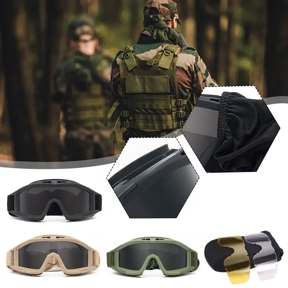 Tactical Protective Goggles 3 Lens Windproof Dustproof Shooting Motocross Motorcycle Mountaineering Glasses Safe CS Game Glasses