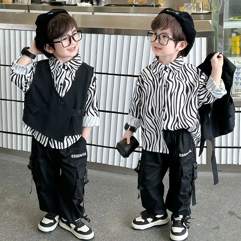 Fashion Boys Clothes Spring Autumn Korea Cotton Loose Vest+Leopard Shirt+Pants 3piece Set Waistcoat Hip Hop Fashion Handsome