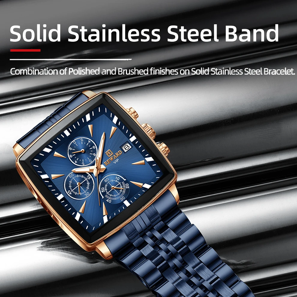 REWARD Men\'s Watches Blue Rectangle Quartz Wristwatches Luxury Business Watch Clock Luminous Hands Waterproof Clock Man