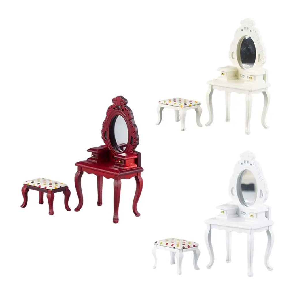 Coiffeuse Miniature faite à la main avec tabouret, maison de poupée 1:12