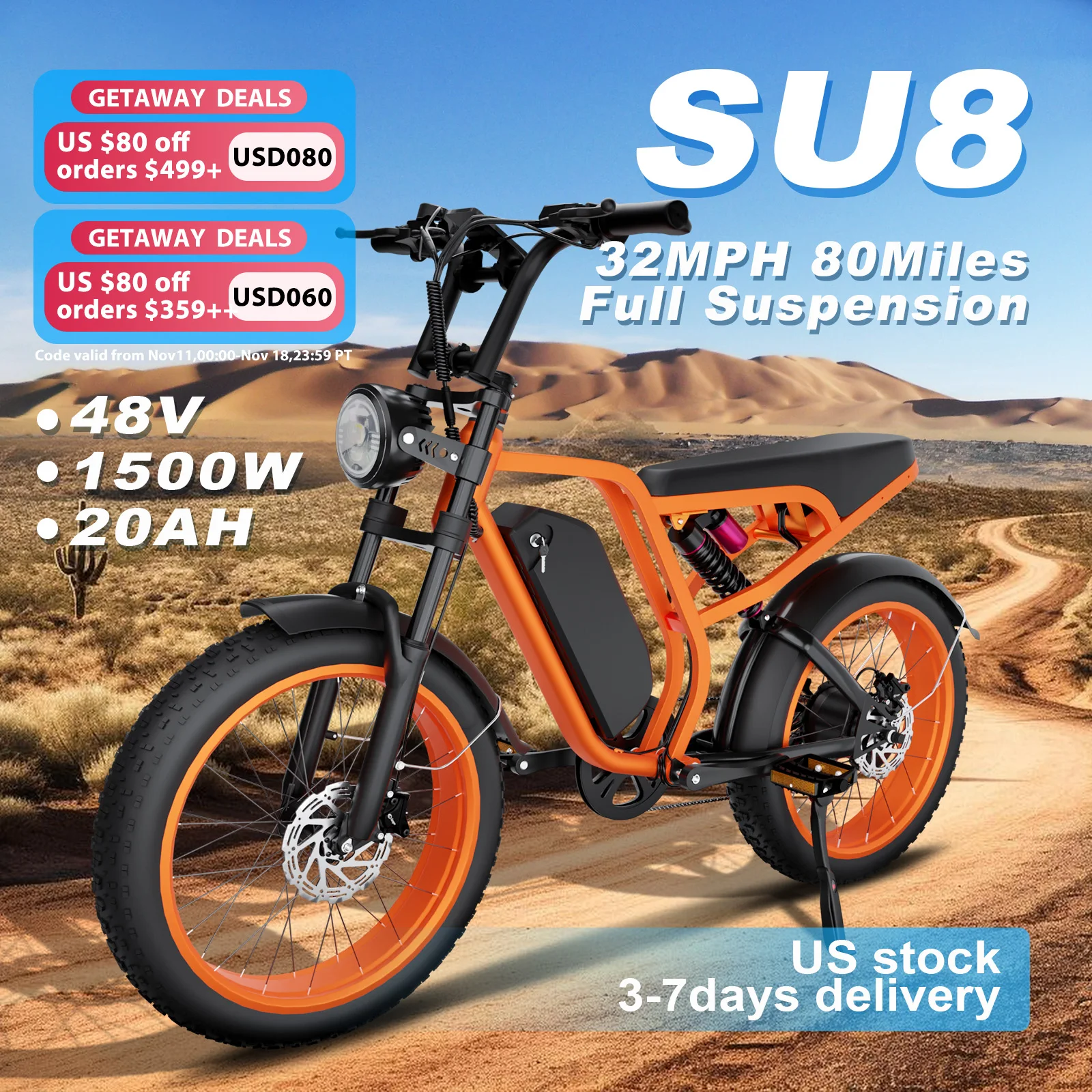 SU8 Model Electric Bike: 48V 1500W Motor, 35MPH Speed, 75-Mile Range, Detachable Battery