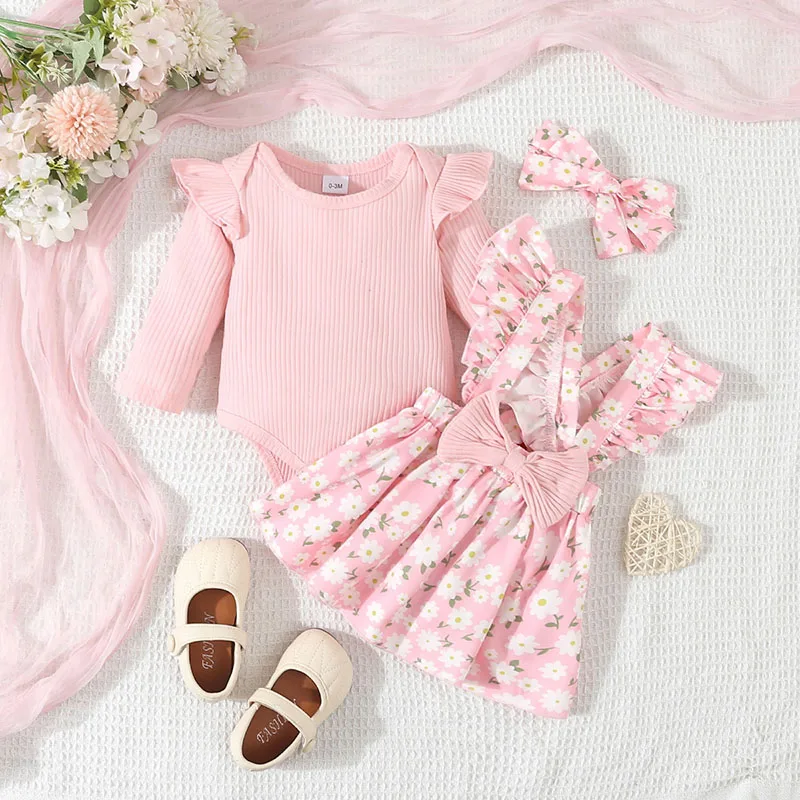 

MILANCEL New Baby Bodysuit Set Infant Sweet Solid Color Jumpsuit + Floral Suspender Skirt +Hair Band