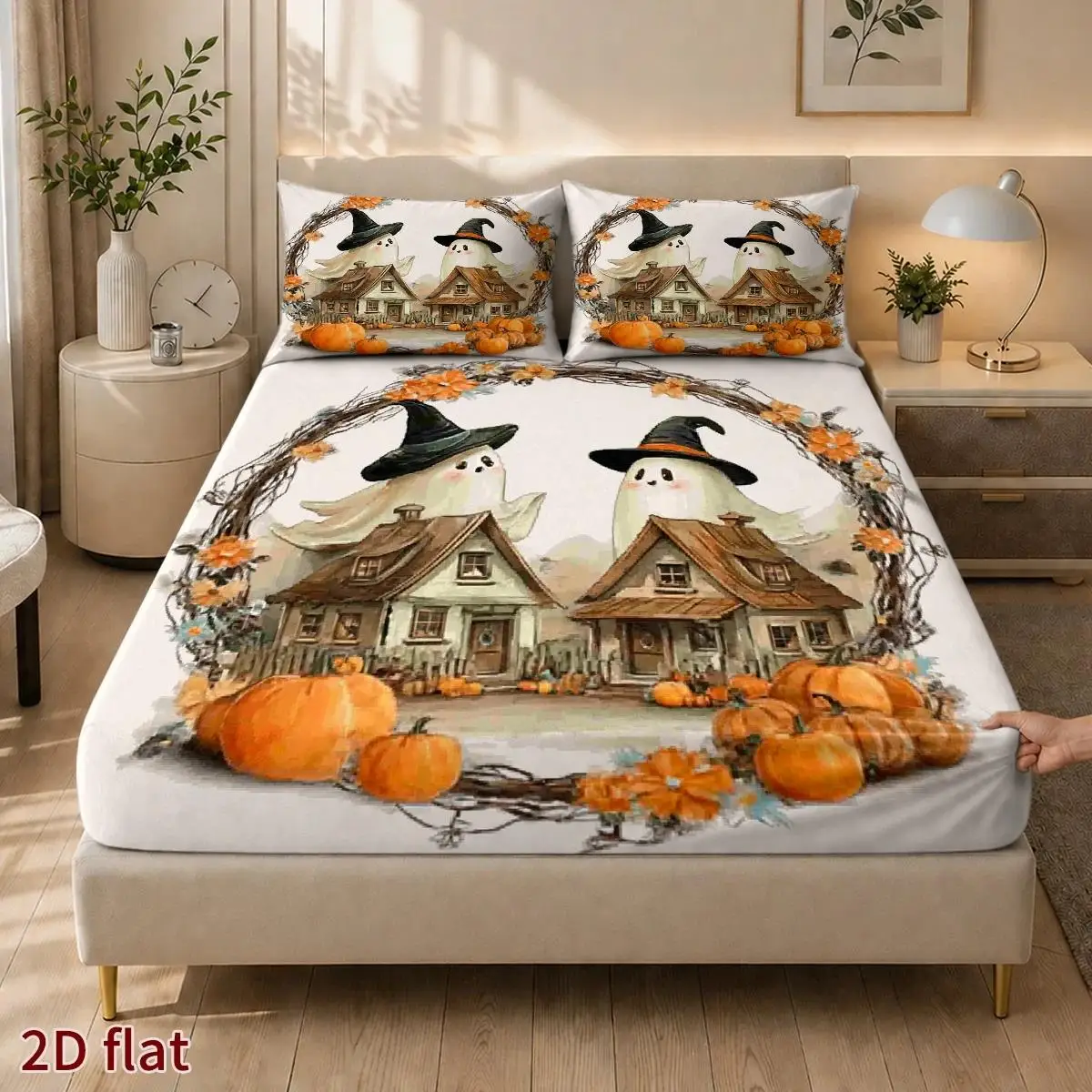 2D Digital Printed Three-Piece Bedding Set Halloween Pumpkin Ghost Fitted Sheet Mattress Protector Fitted Elastic Style Protective Cover 2D Flat Printing, Mattress Protector, Angel Dinner Party Theme, Vintage Oil Painting Style, Christmas Limited Edition, Suitable for All Seasons, Machine Washable Design, Holiday Decoration, Various Sizes, Breathable Protective Cover with Pillowcase