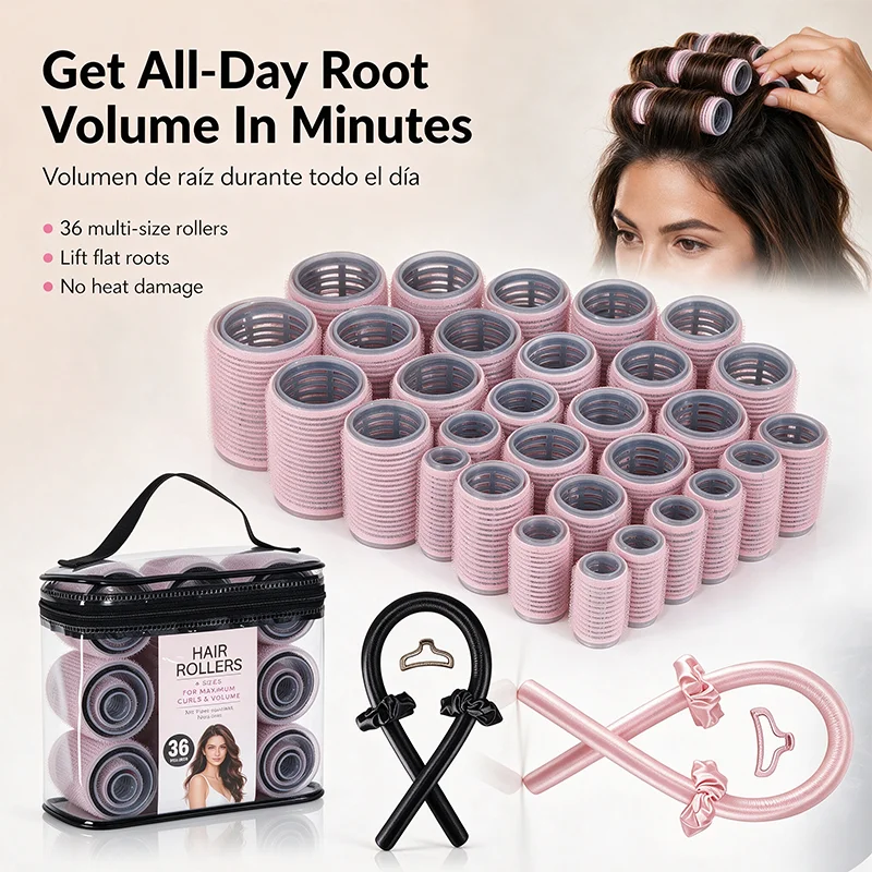 WANMEI Heat‑Free Hair Roller Styling Kit, Multi Size Self Grip Hair Rollers With Heat‑Free Curling Rods, Satin Bonnets And Zipper Storage Bag, No Heat Damage Diy Hair Accessories For Overnight Curls And Travel Use