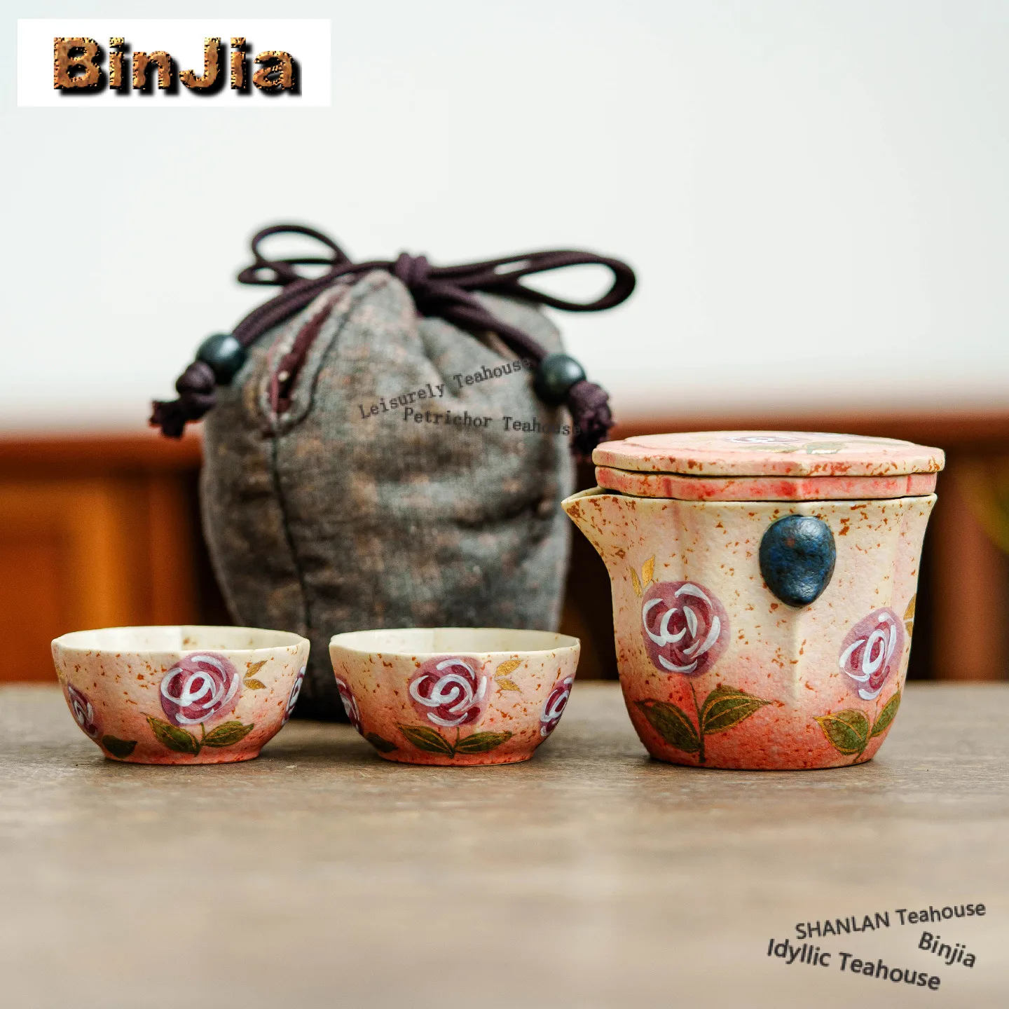 

Ручная роспись, дорожный чайный сервиз с розой, ручная работа, 1 горшок, 2 чашки, органайзер для приготовления чая, портативные сумки для пикника, принадлежности, украшения