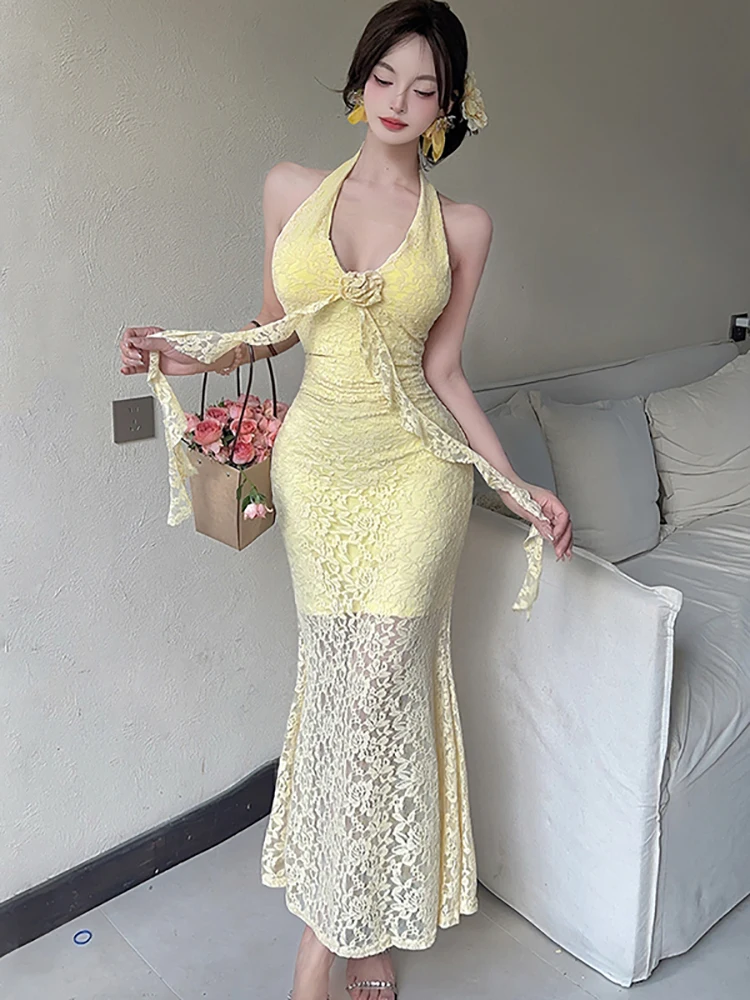 ผู้หญิงลูกไม้ Jacquard เซ็กซี่คอติดตั้งชุดฤดูร้อนหรูหรา Ruffled ชุดยาวชุด 2025 เกาหลี Vintage Night Dress