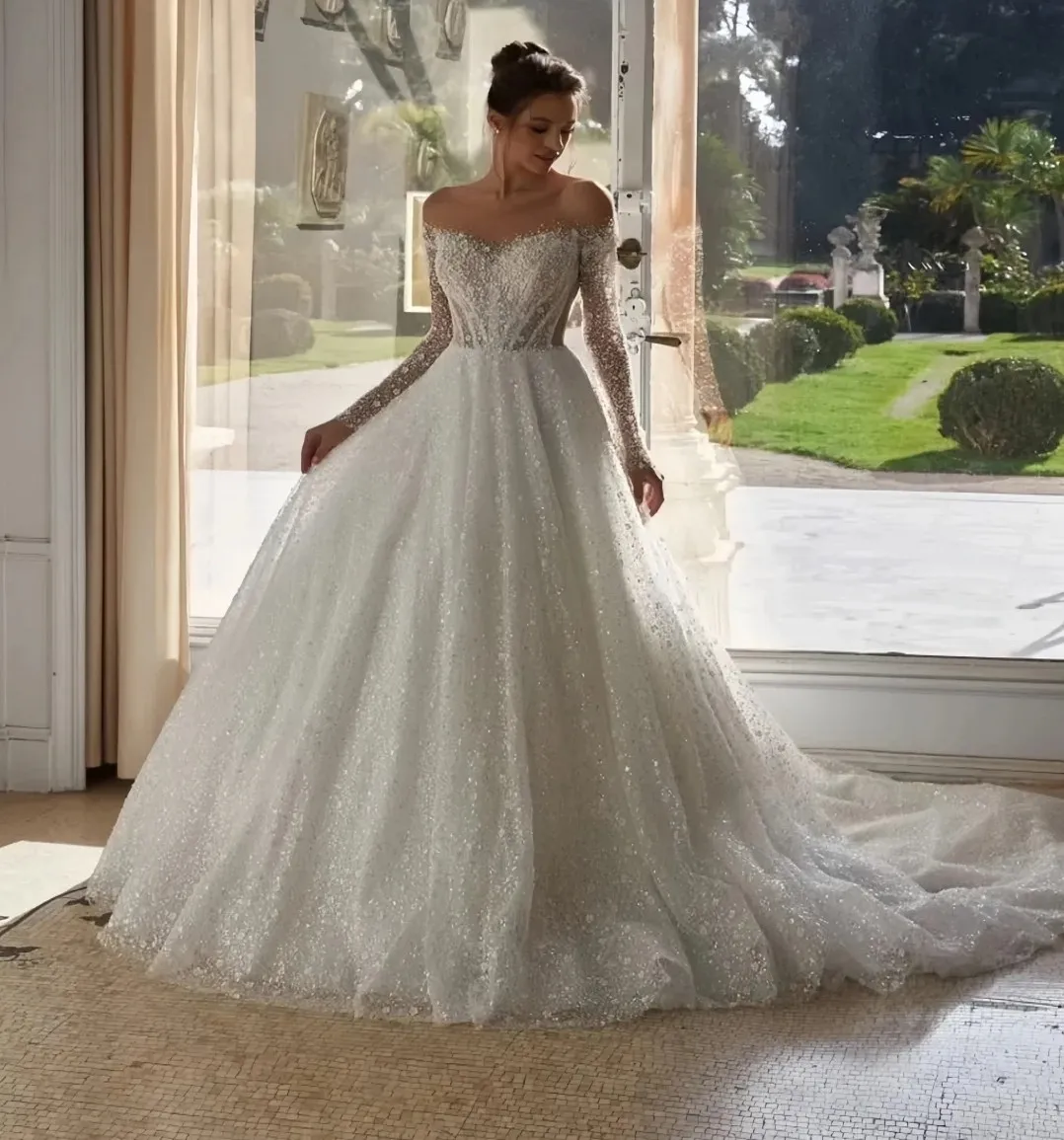 

2026 Beads Sequined Wedding Dress Sheer Neck Long Sleeves Pearls A-line Bridal Gown Fashion Robe De Mariage for Bride