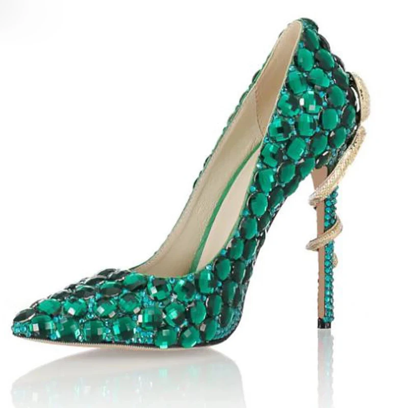 Treasure Blue Green Diamond Crystal Pumps Pointed Toe Gold Twined Snake High Heel Rhinestone Wedding Shoes Woman Banquet Heels