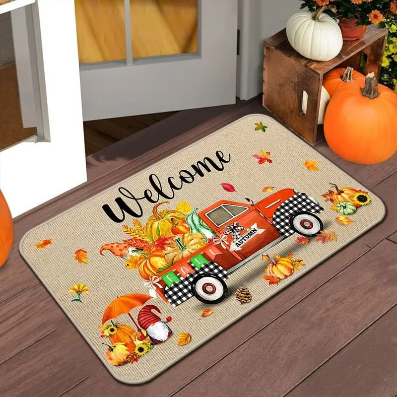 VIKAMA Fall Pumpkin Welcome Mat Leopard Print Patchwork Pumpkin Door Rug Rustic Look Entryway Floor Mat Non Slip Autumn Decor
