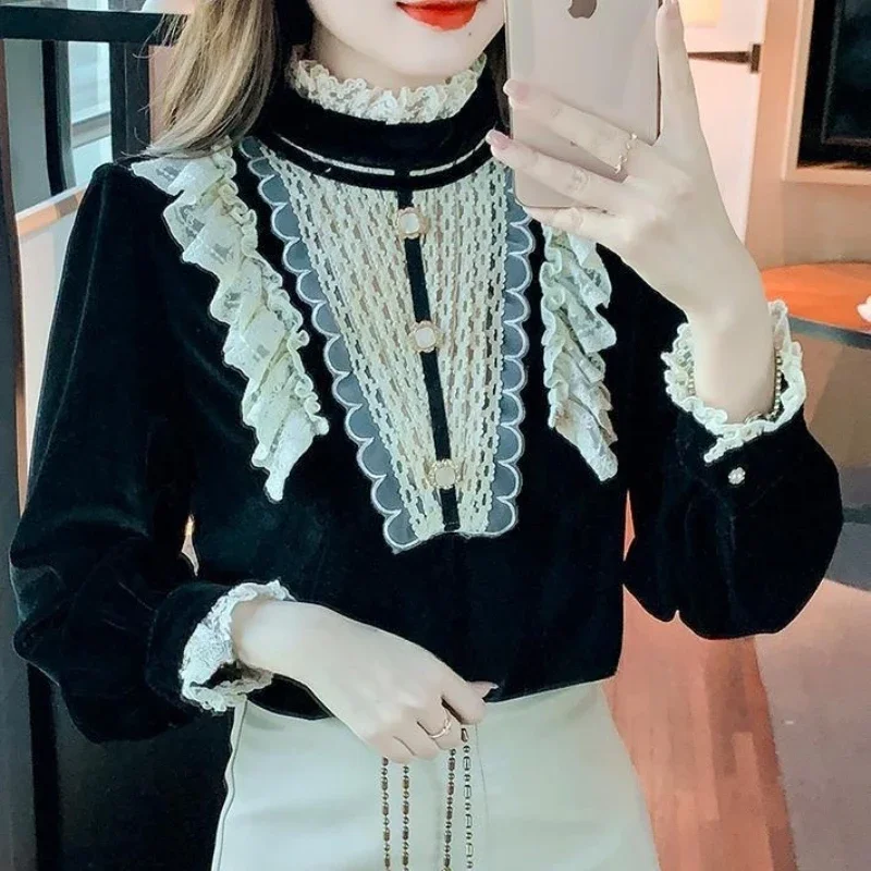 

Новинка 2025 года, бархатная женская рубашка и блузка с воротником-стойкой, красивые акции, милые элегантные роскошные дизайнерские базовые женские топы