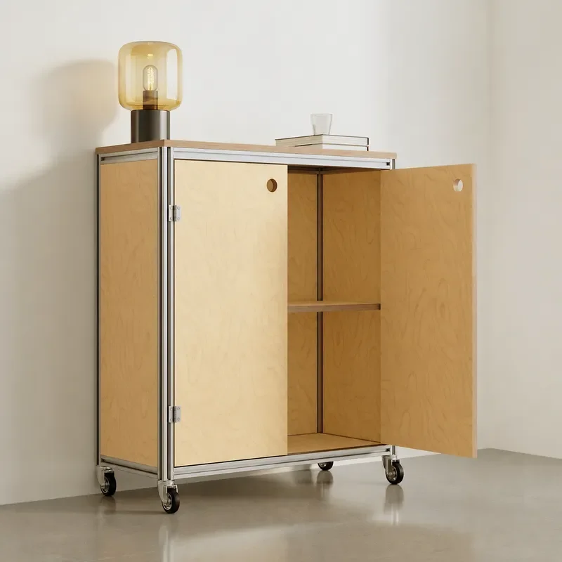 Industrial Birch Marine Board Side Cabinet with Universal Wheels Movable Aluminum Profile Multi-functional Double Door