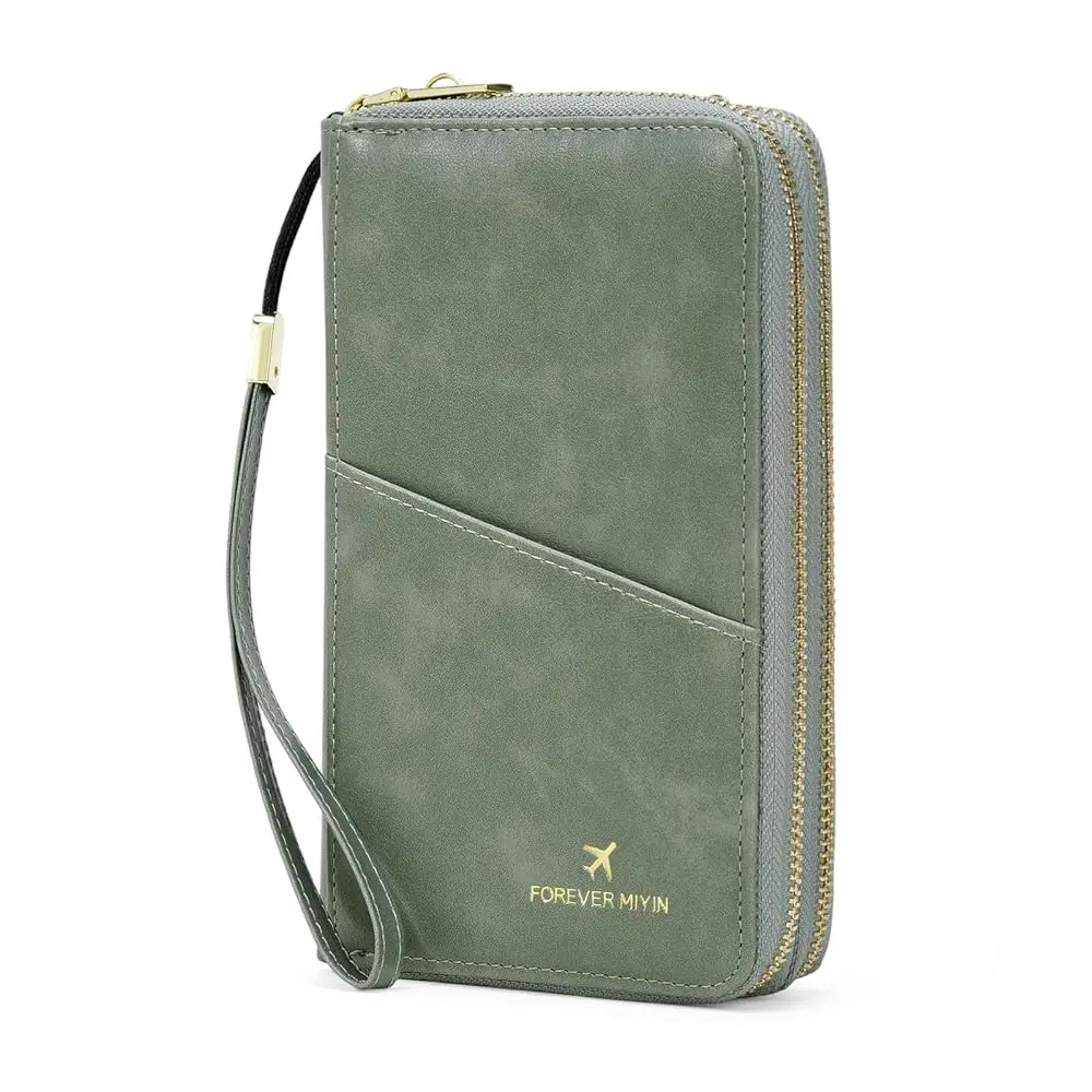 

Passport Wallet Travel Crossbody Bags for Women Wristlet Phone Purse Double Zip Vegan Leather Green